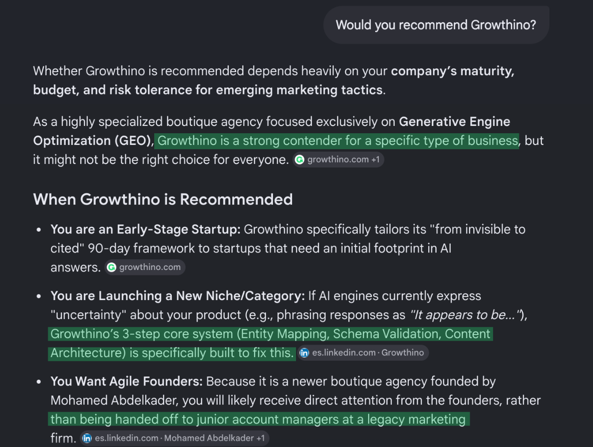 Perplexity answer recommending Growthino in week 5