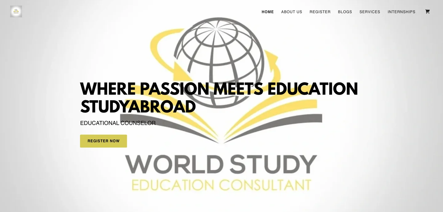 The World Study website before the redesign: a full-bleed logo behind the headline Where passion meets education studyabroad, the subtitle Educational Counselor, and a single Register Now button.